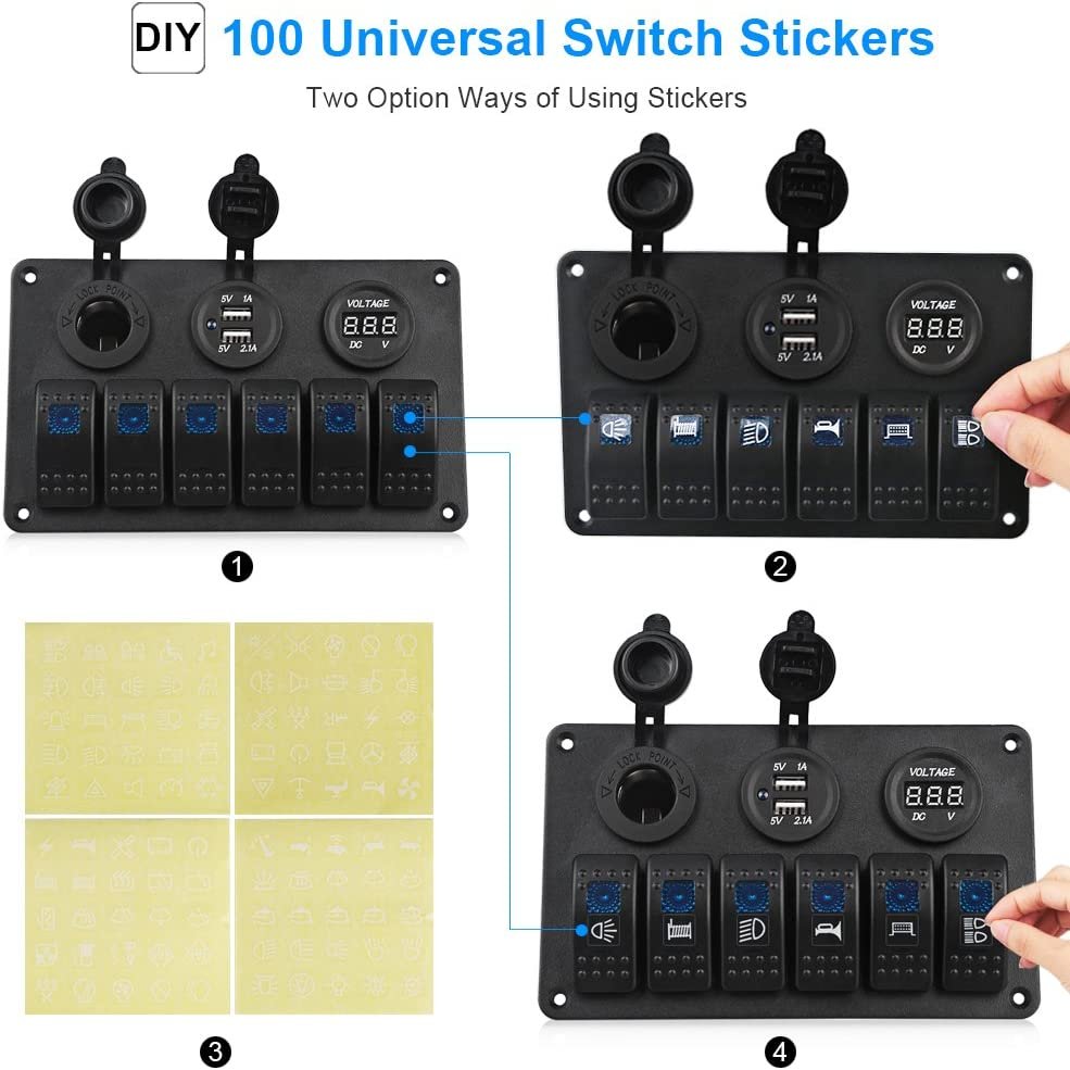 Waterproof Marine Boat Car 6 Gang Rocker Switch Panel with LED Digital Voltmeter 3.1A Dual USB Charger Cigarette Lighter Socket